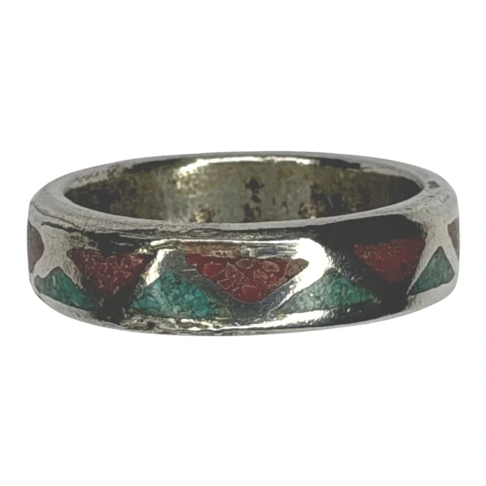 Vintage Band Ring Nickel Silver Size 14 Turquoise Coral Chip Inlay